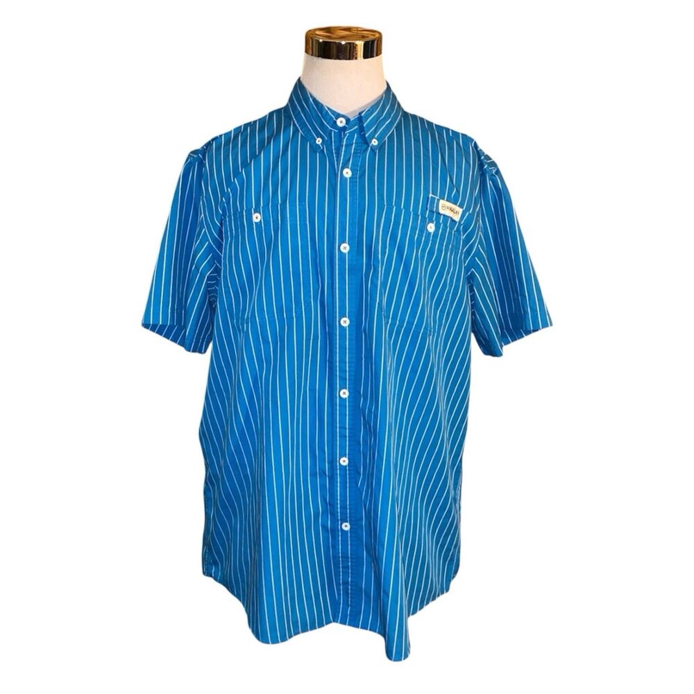 Magellan Fishing Shirt Mens 2XL Loose Fit Blue Strip Short Sleeve Breathable